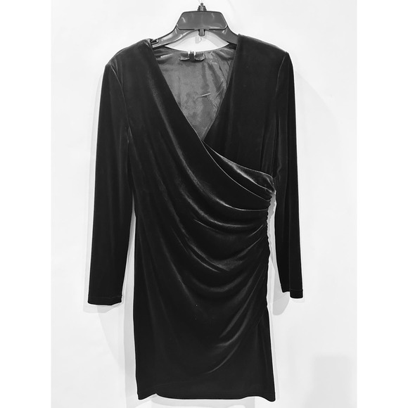 Alex Marie Nikki Black Velvet Stretch V-Neck Long Sleeve Ruched Wrap Dress Sz 8P - Picture 4 of 8
